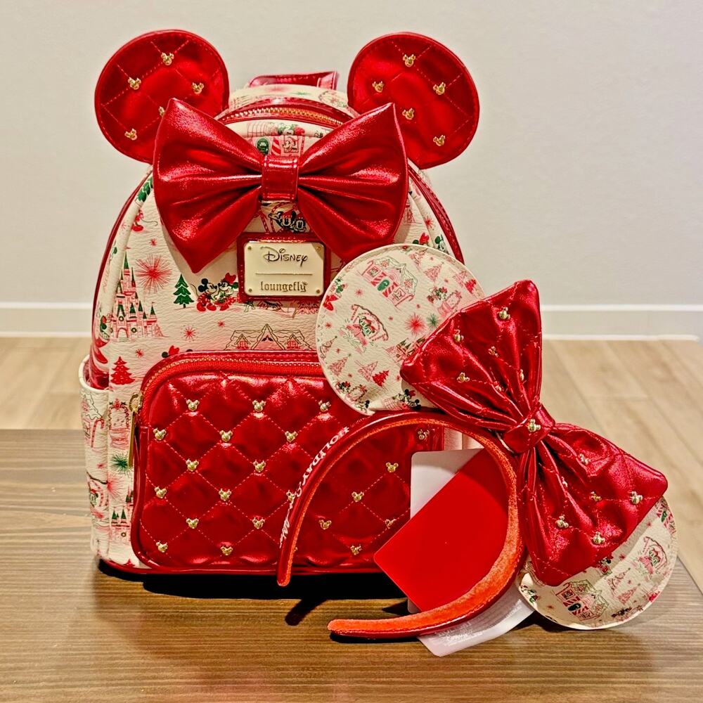 2026 Loungefly Disney Hallmark Holiday Ever After Minnie Backpack Ears Set NWT